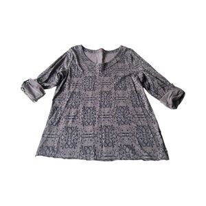 Fresh Produce Womens Grey Damask Print 100% Cotton Roll Tab 3/4 Sleeve Top MD/LG
